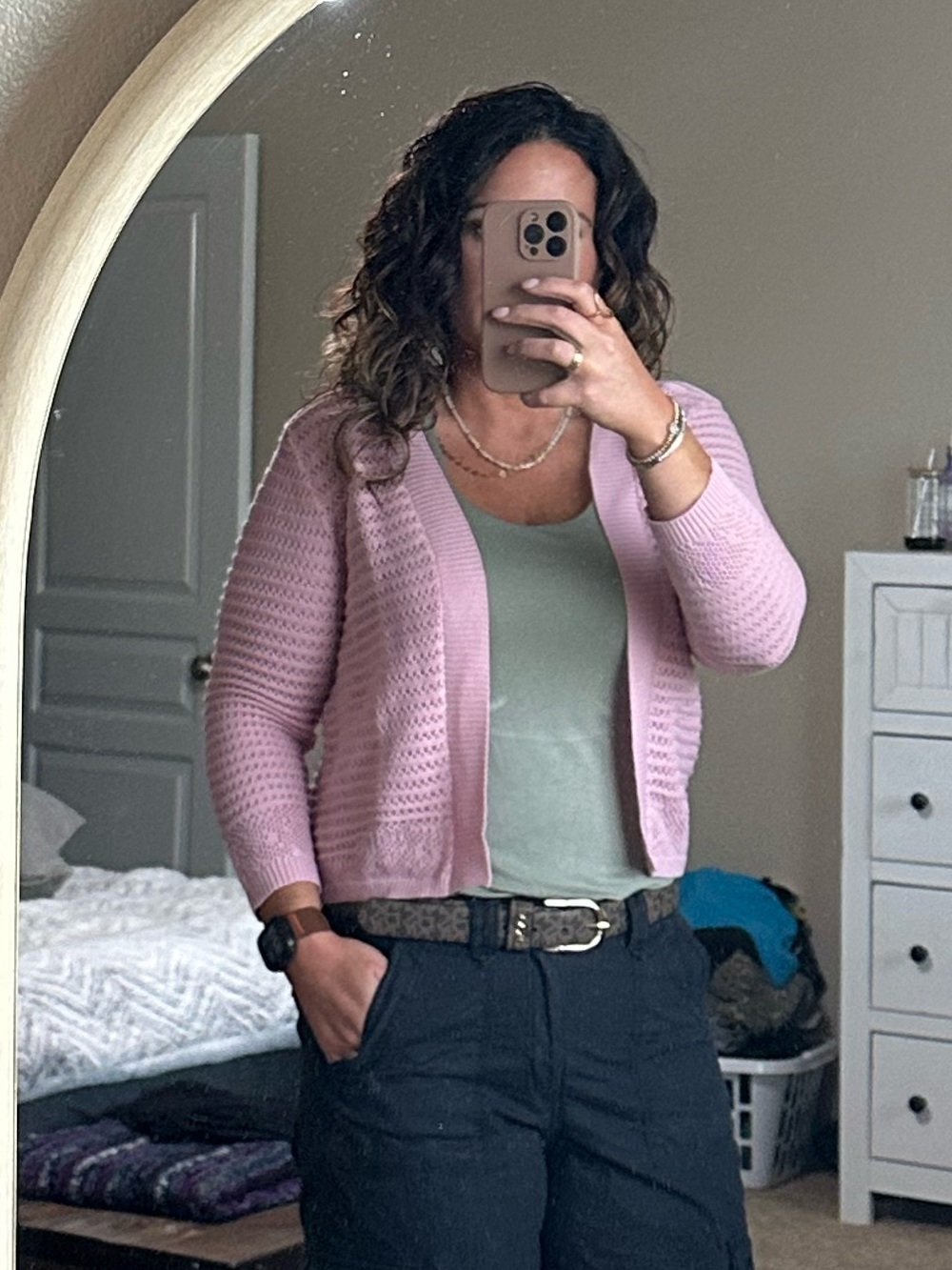 Women's Dusty Pink Open-Weave Cardigan